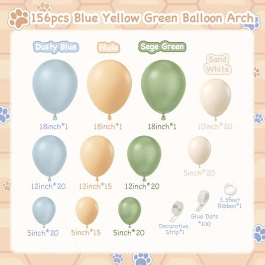 156Pcs Blue And Yellow Balloon Arch Kit, Pastel Balloons With Blue Yellow Sage Green Sand White Balloons For Classic Bear Themed Baby Shower Wedding Birthday Party Decorations