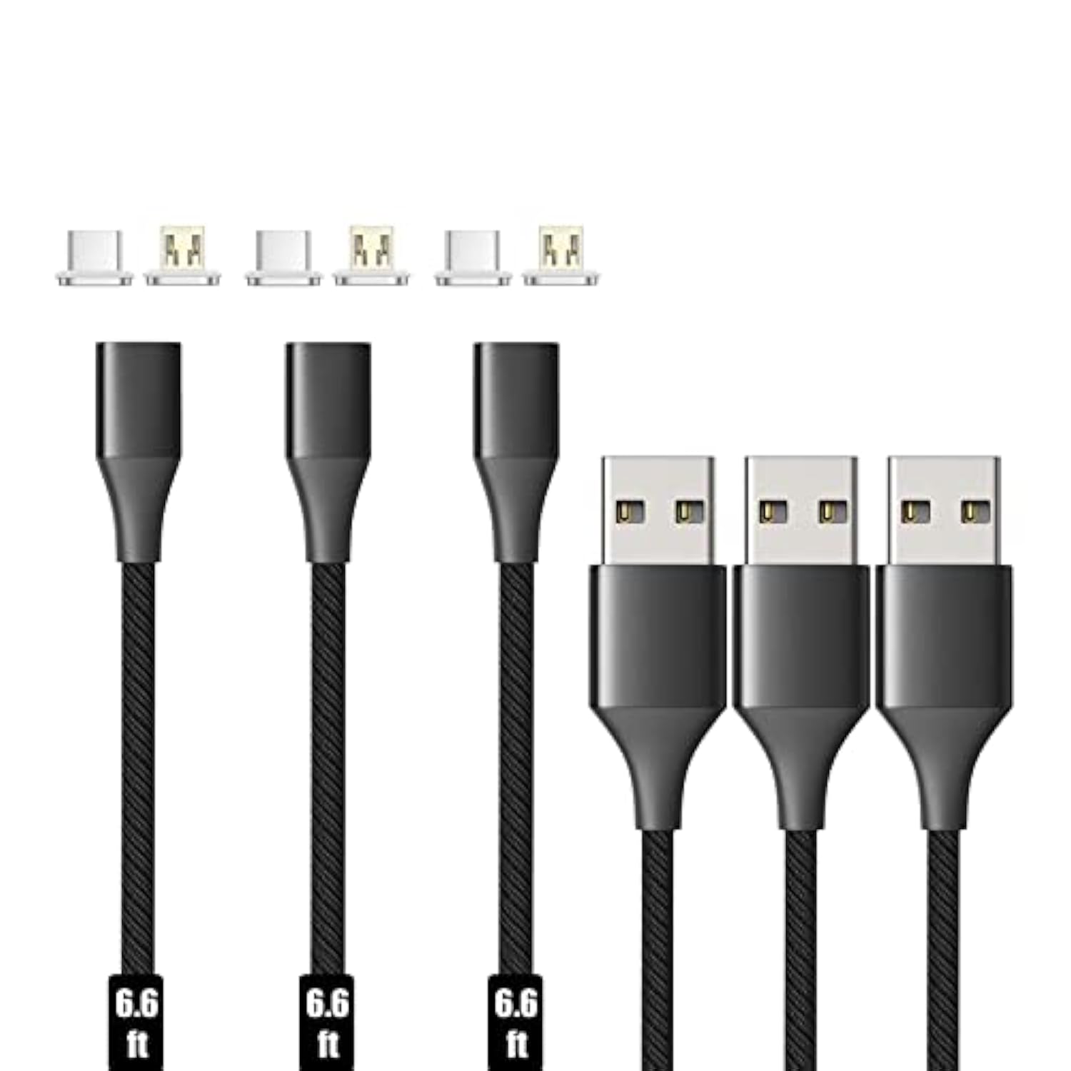 Netdot Gen10 2In1 Nylon Braided Magnetic Charging Cable Fast Charging And Data Transfer For Micro Usb And Usb C Android Smartphones (6.6Ft / 3 Pack, Black)
