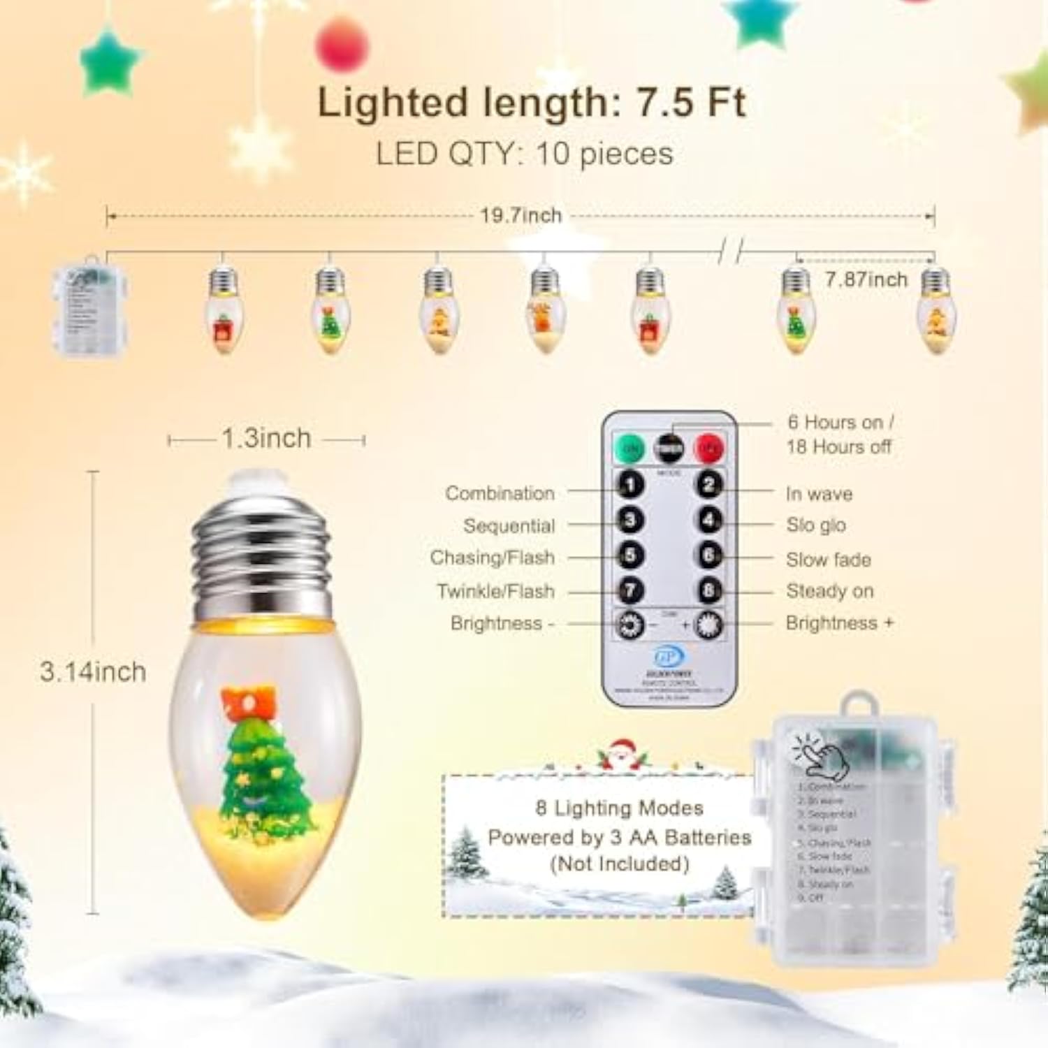 Indoor Christmas Lights, 7.5Ft Battery Powered String With Santa, Gifts And Adorable Ornaments Inside Snow Globes, Ideal