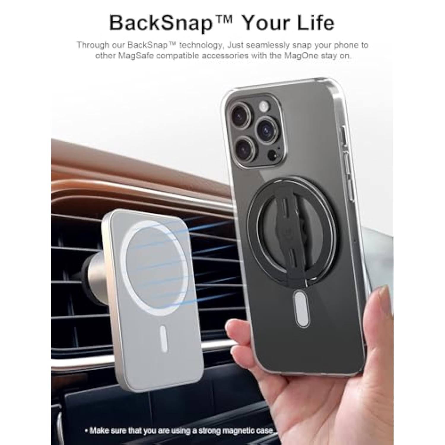 MagOne 2nd Gen MagSafe Grip Stand with Replaceable Silicone Strap, iPhone 15/14/13