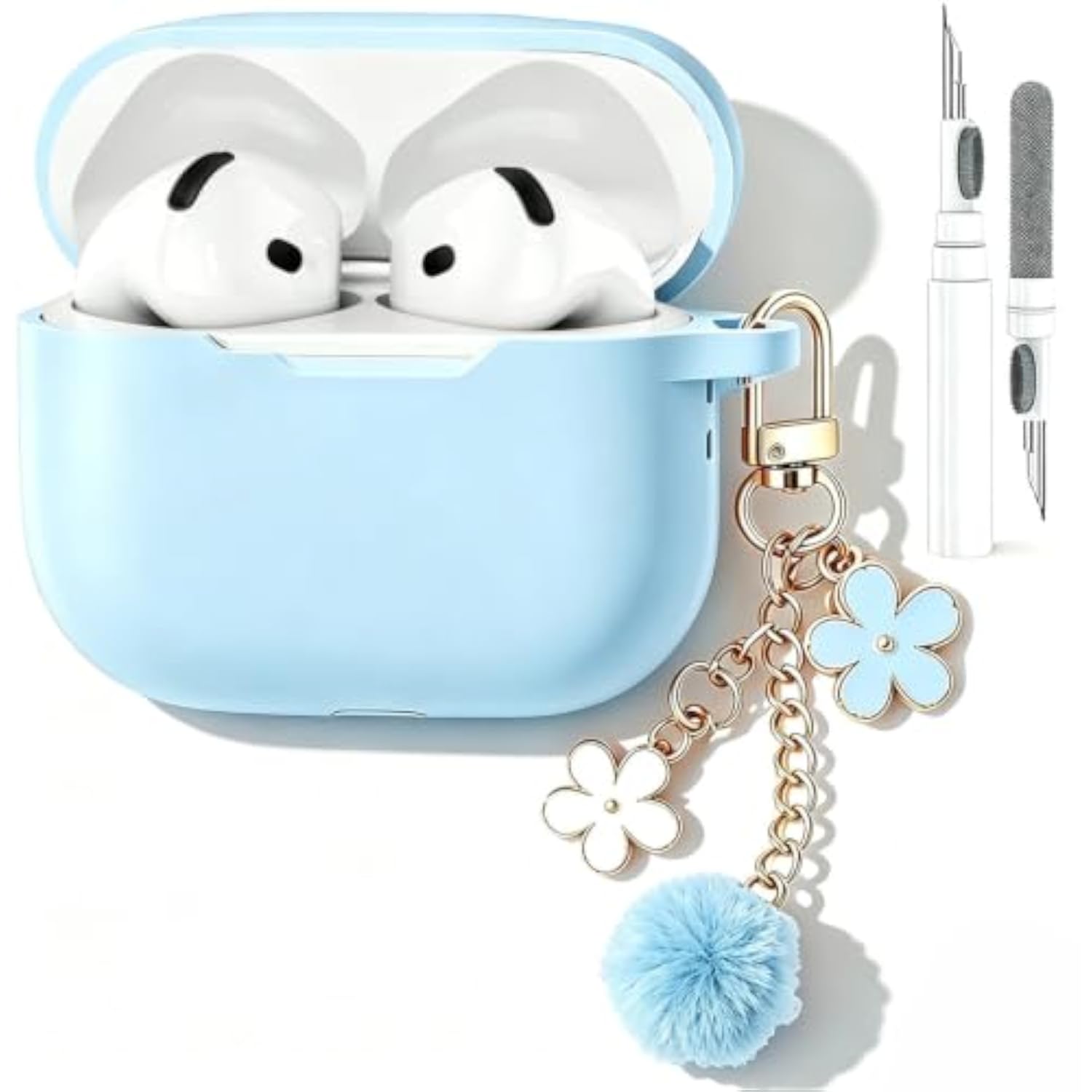 Soft Silicone Protective Case for Airpods 4 with Keychain and Cleaner Kit, Sky Blue Color with Pom Pom Flower Charms, Compatible with 2024 Airpods 4th Generation