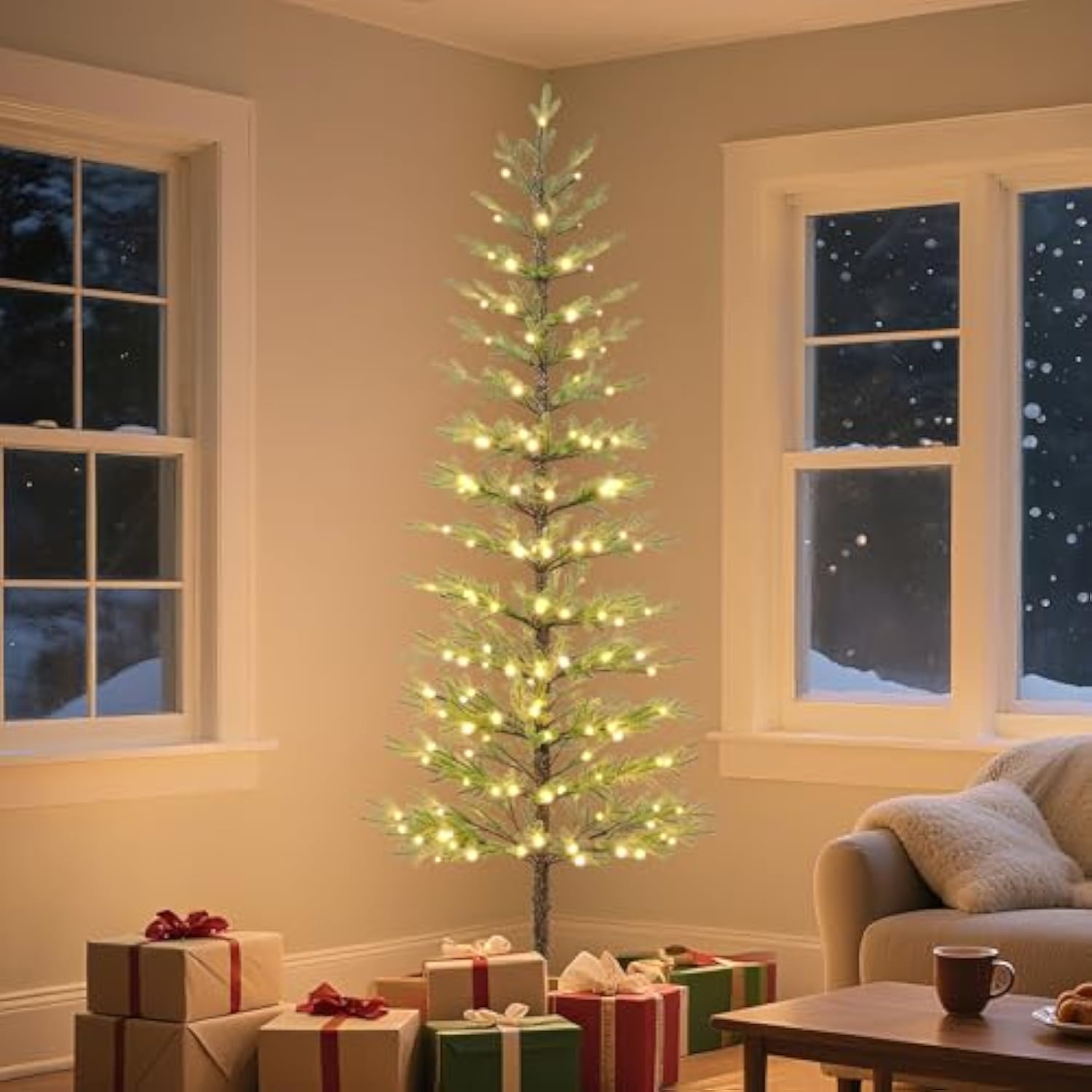 7.5Ft 180 Led Minimalist Pre-Lit Slim Pencil Artificial Christmas Tree With Warm White Lights Scandinavian Style Decor Indoor Holiday Decoration Modern Evergreen Pine Needle Tree