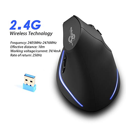 Wireless Ergonomic Mouse,2400 Dpi (3-Level Adjustable),Rechargeable Vertical Mouse For Reduced Wrist Strain,Led Lighting,2.4G With Usb Receiver,Optical Portable Mice For/Laptop/Pc (Black)