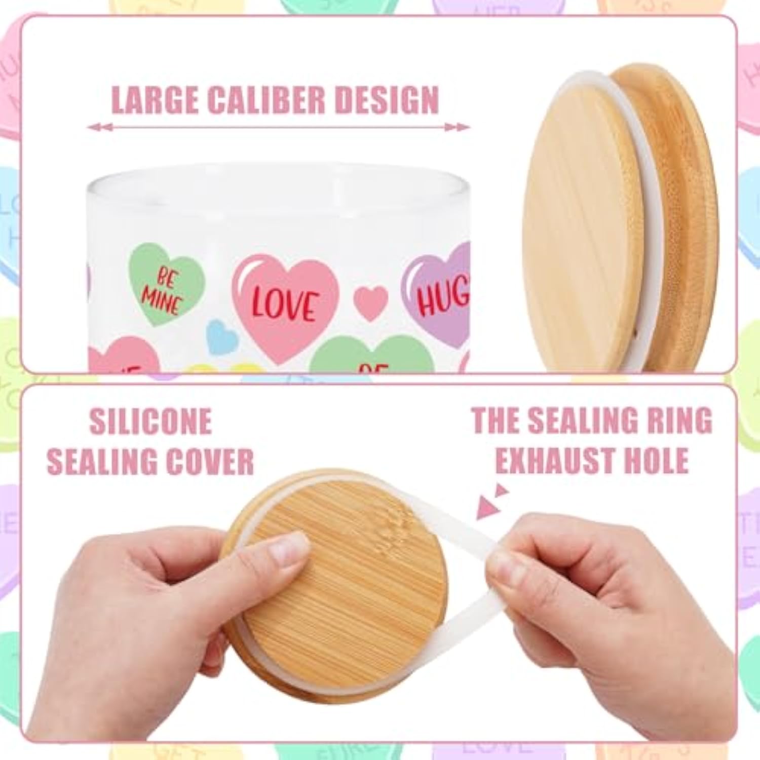 3Pcs Valentine Glass Storage Jars With Airtight Lid Pastel Conversation Heart Decorative Canisters Sets For Home Kitchen Countertop