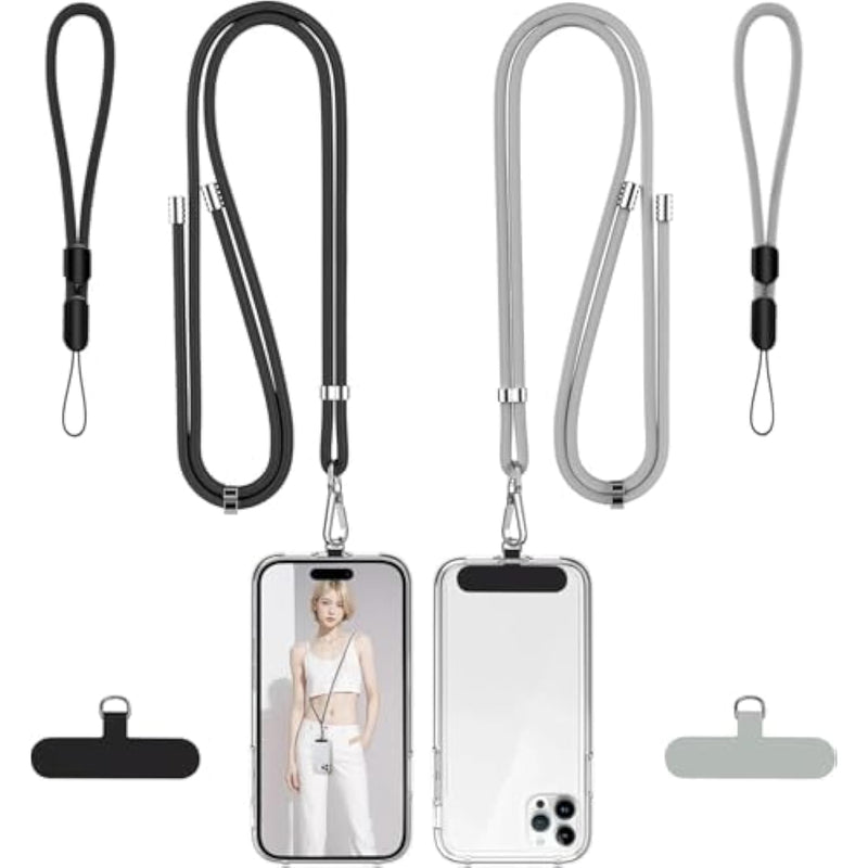 Phone Lanyard, 2 Pack Adjustable Cellphone Lanyard Crossbody Neck Strap & 2 Pack Phone Wrist Strap With Tether Tabs Compatible For Iphone Android Smartphones-Black Grey