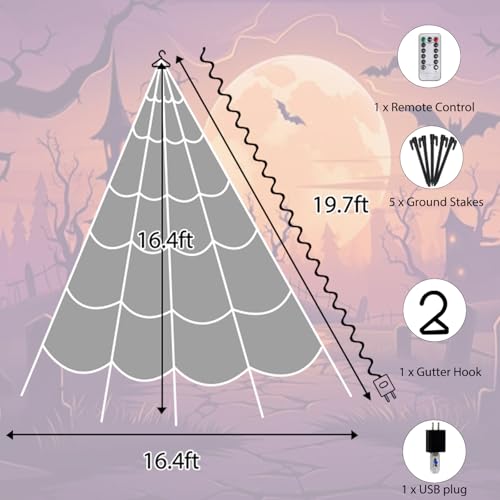Halloween Decorations Outdoor, Spider Web Lights 250 LED Lighted Spider Web 16.4Ft Giant Halloween Decorations Light up, 8 Lighting Modes Waterproof & Timer for Indoor Haunted House Yard Decor, Purple