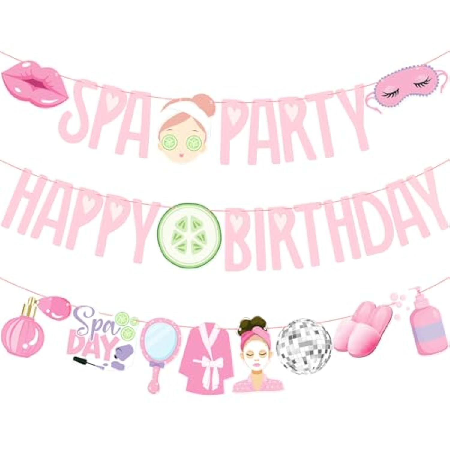3 Pcs Spa Birthday Banners, Pre-Strung Makeup & Sleepover Theme Party Decor