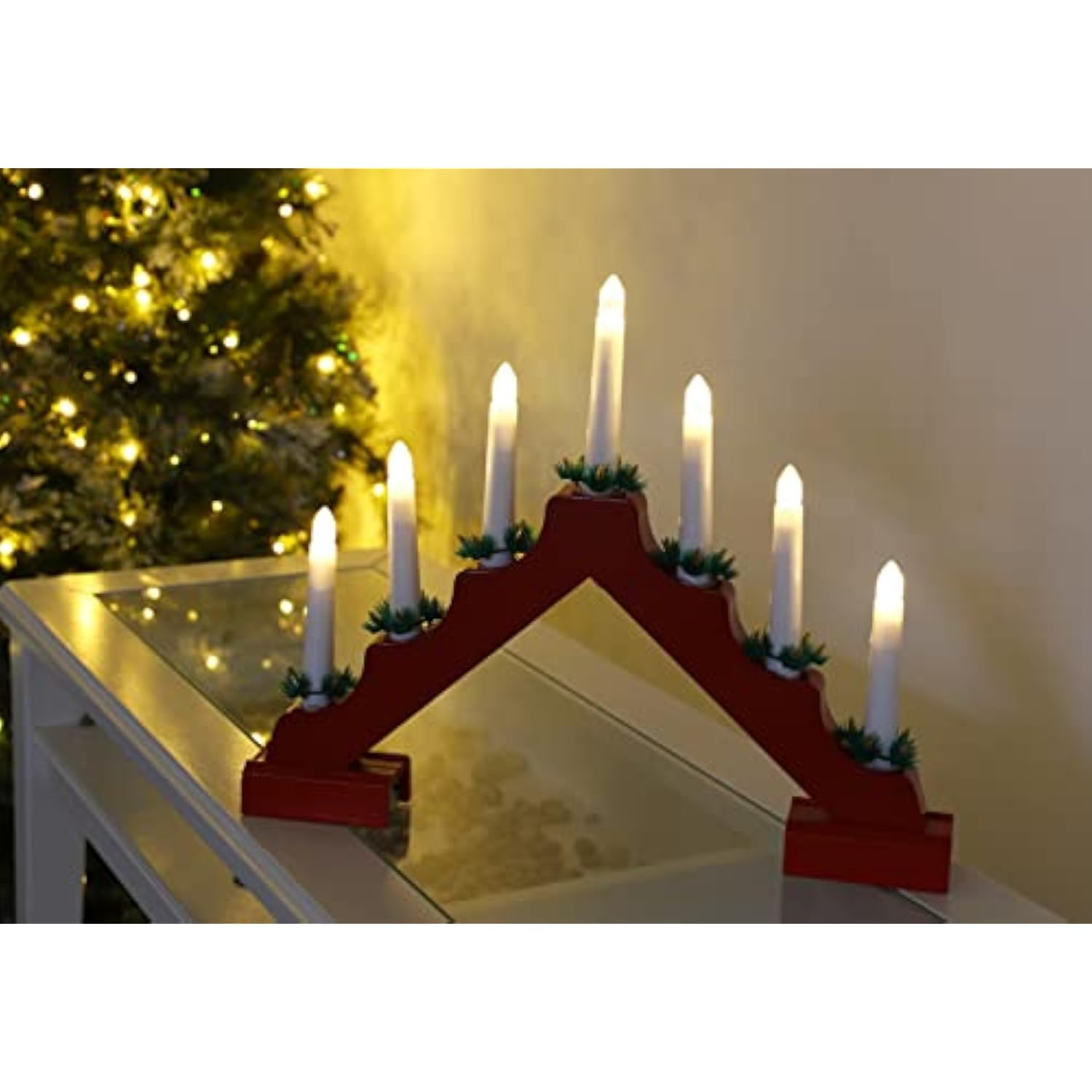 ® Christmas Red Wooden Candle Bridge With Warm White Led Lights - Battery Operated