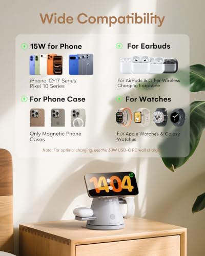 3 in 1 Charging Station for , Qi2 Mag-Safe Charger Stand with Adjustable Night Light, Fast Wireless Charging Station Compatible with iPhone
