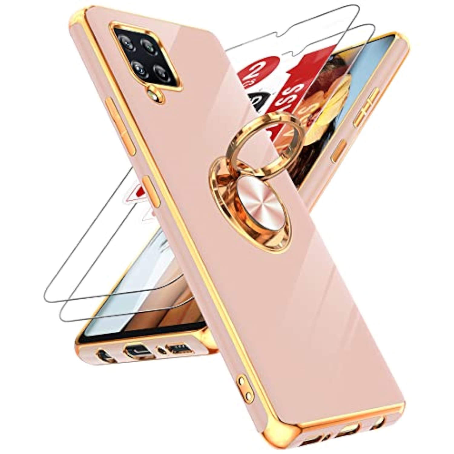 For Samsung Galaxy A42 5G Case With Tempered Glass Screen Protector [2 Pack] 360° Rotatable Ring Holder Magnetic Kickstand, Plating Rose Gold Edge Protective Case, Pink