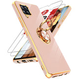 For Samsung Galaxy A42 5G Case With Tempered Glass Screen Protector [2 Pack] 360° Rotatable Ring Holder Magnetic Kickstand, Plating Rose Gold Edge Protective Case, Pink