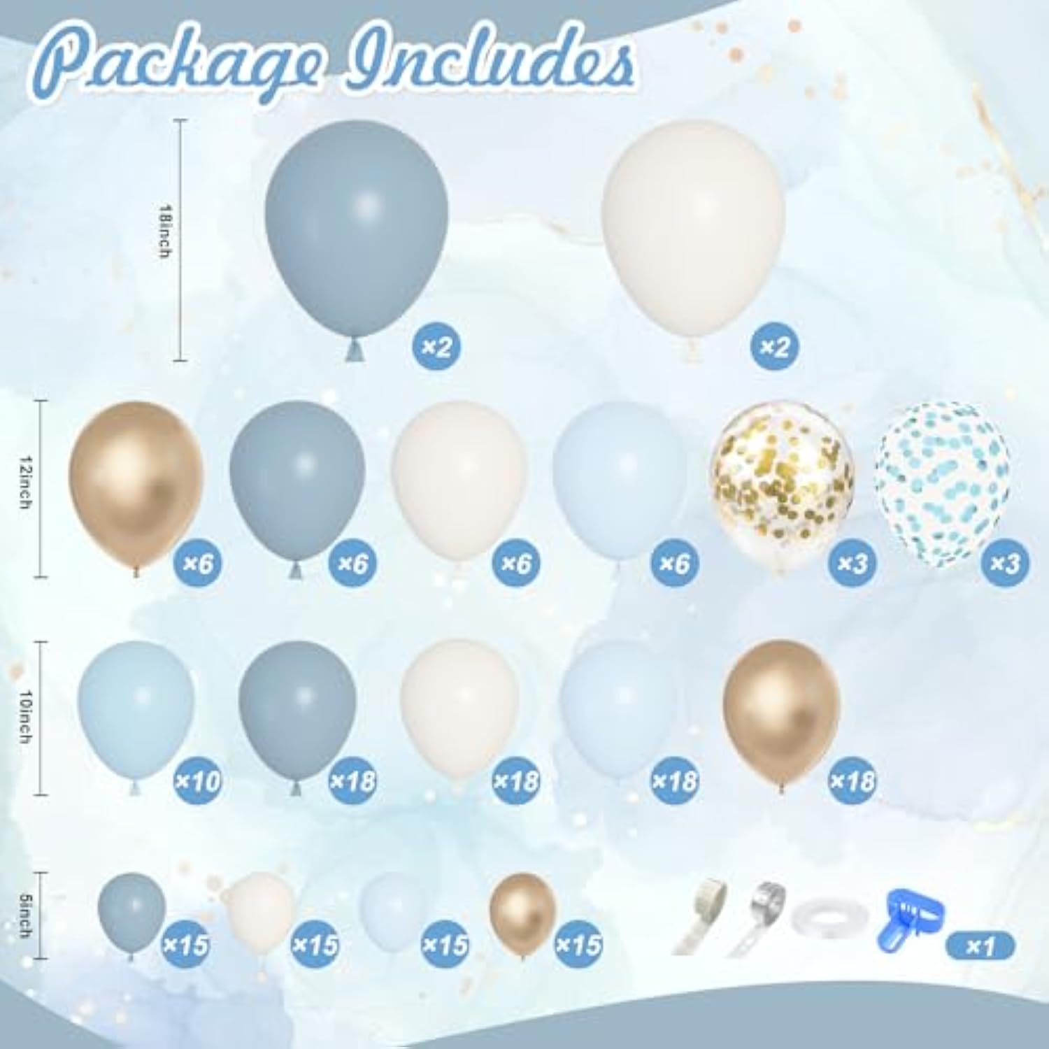 180pc Dusty Blue Balloon Arch Kit with Gold & White Balloons for Baby Shower