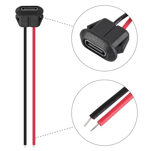10pcs Type-C Female Chassis Waterproof 2P Solder Wire Type USB C Pigtail Cable Extension Power Cable USB-C Plug to 2 Pin Bare Wire Open End Connector