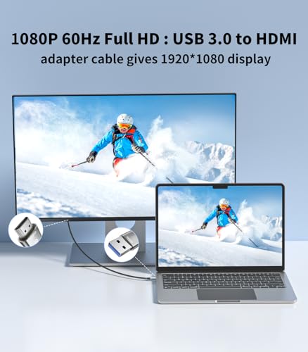 USB to HDMI Adapter Cable 6FT, 1080P@60Hz USB 3.0 to HDMI Multi-Display Cable Converter Suitable for Macos Windows 7/8/10/11 - Driver Installation is