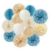 Light-Dusty Blue Beige-Champagne Boho Party-Decorations - 14Pcs Baby Bridal Shower Streamers Lanterns Honeycomb Fan,Tissue Pom Poms,Women Girls Birthday Bachelorette Wedding Backdrop Decor
