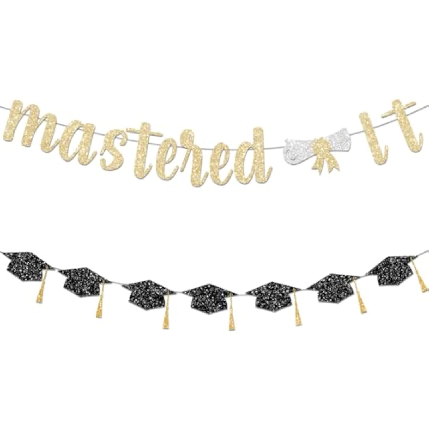 Mastered It Banner, Gold Graduation Banner With Glitter Letter, 12" X 6.5" Cardstock, 9.8Ft Strand Wire, Wall Mount, Perfect For Indoor Masters Graduation Party Decorations