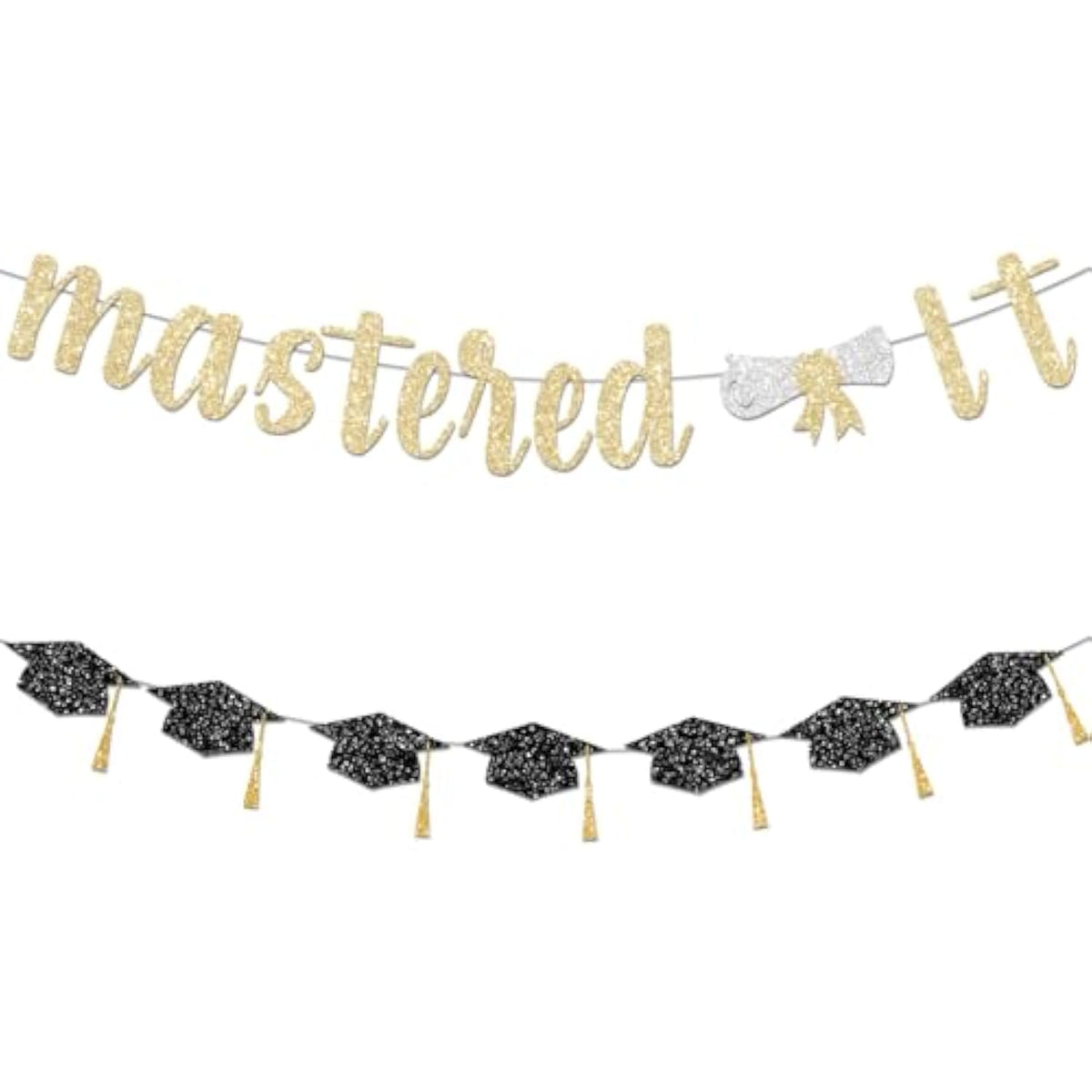 Mastered It Banner, Gold Graduation Banner With Glitter Letter, 12" X 6.5" Cardstock, 9.8Ft Strand Wire, Wall Mount, Perfect For Indoor Masters Graduation Party Decorations