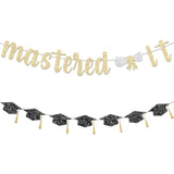 Mastered It Banner, Gold Graduation Banner With Glitter Letter, 12" X 6.5" Cardstock, 9.8Ft Strand Wire, Wall Mount, Perfect For Indoor Masters Graduation Party Decorations