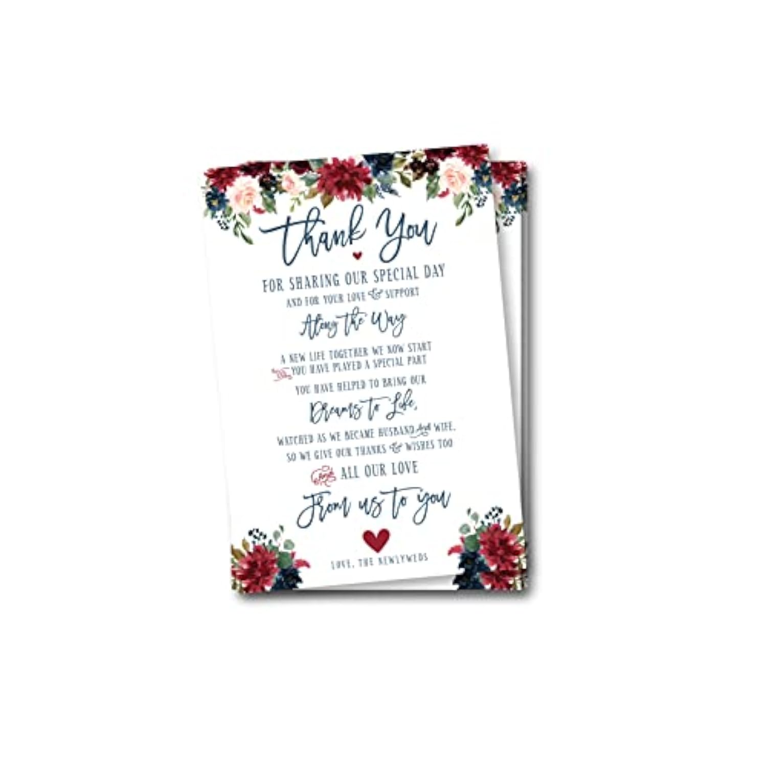 50 Navy Burgundy Floral Wedding Thank You Cards – Reception Table Place Setting Decorations – Elegant Guest Appreciation Cards For Weddings, Bridal Showers, Engagement Parties