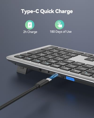 Bluetooth Keyboard Rechargeable, 4-Device Free Switching (2.4G+Bt), Ultra-Slim Full Size Wireless Keyboard, Quiet Typing, For Pc/Laptop/Smart Tv/Phone, Adjustable Stand, 12 Multimedia Keys