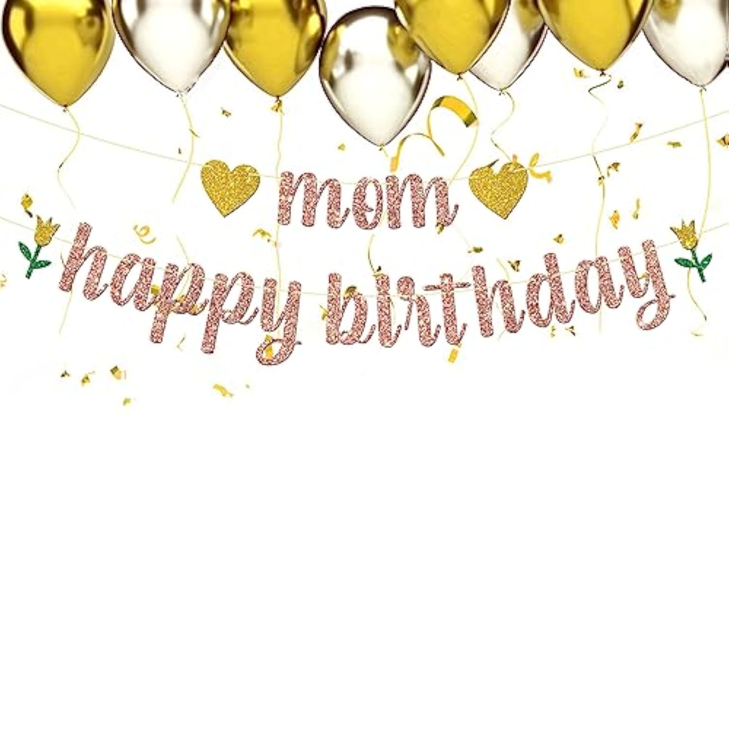 Rose Gold Glitter Mom Happy Birthday Banner - Mother'S Birthday Party Decorations - Mommy Women'S Bday Party Supplies