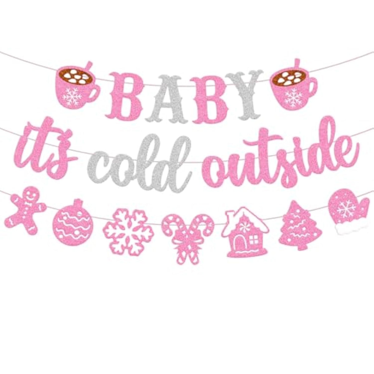 Baby It's Cold Outside Winter Baby Shower Banner Pink Glitter Decor