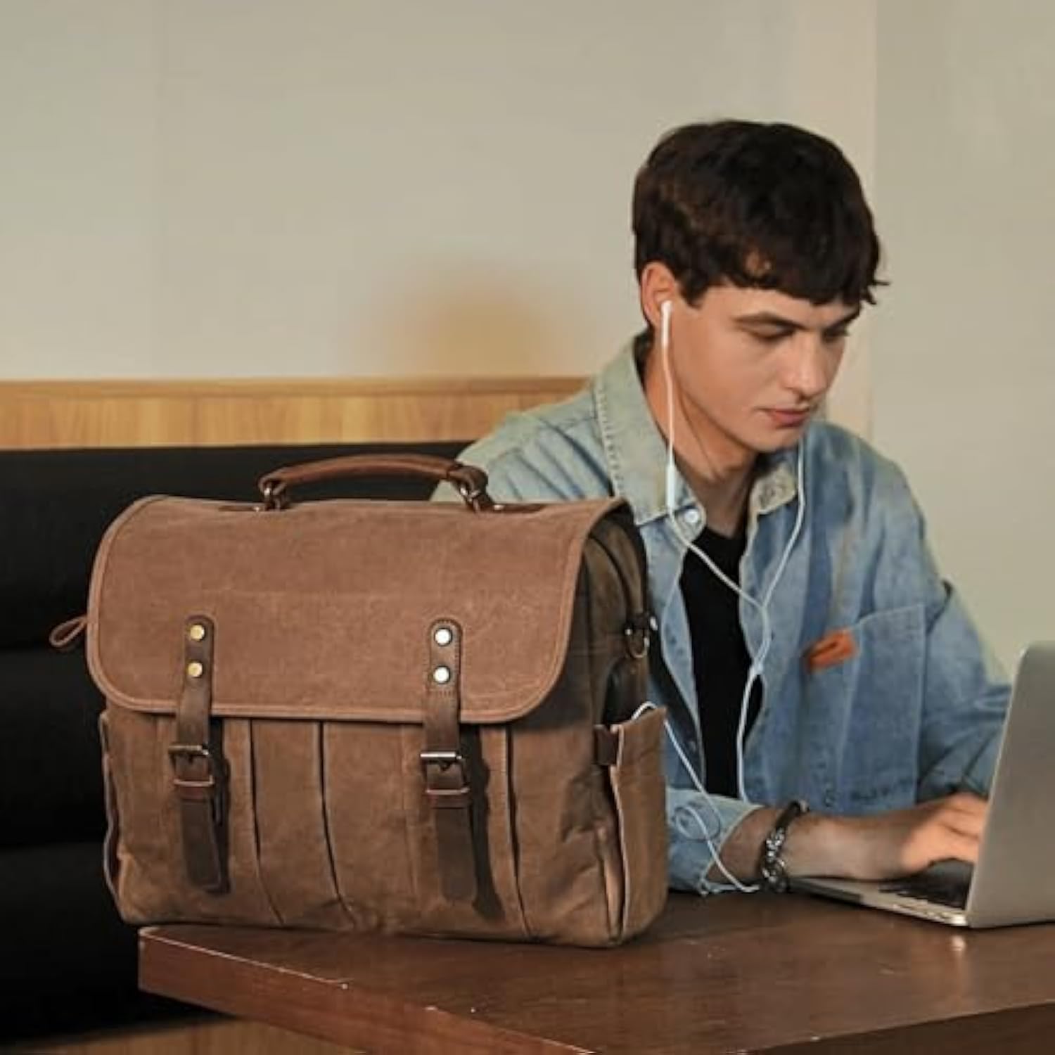 Genuine Leather Canvas Satchel Shoulder Briefcase Laptop Bag with USB & Headset Port
