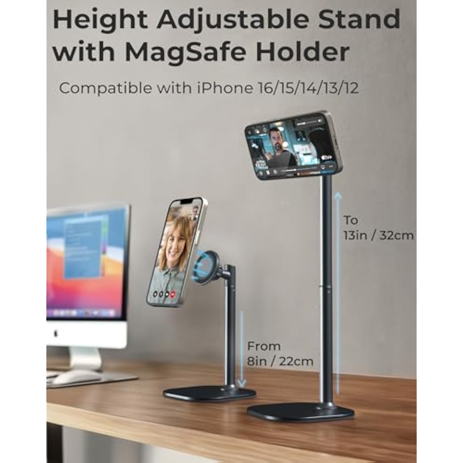 Cooper MagStand - Adjustable Magnetic iPhone Stand for Desk & Phone Holder for Video Recording, Compatible with MagSafe, Stand for iPhone 16 Pro Max, 15/14/13/12, Small Mag Safe Tripod (Night Black)