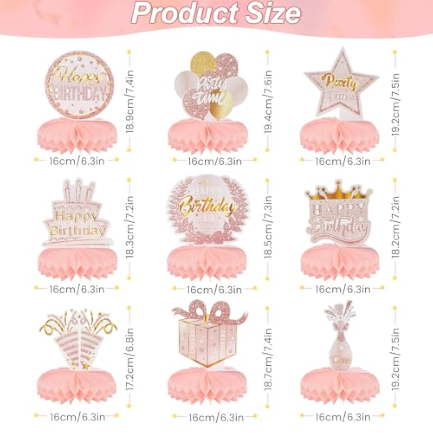 9-Piece Rose Gold Pink Happy Birthday Table Centerpieces for Women and Kids