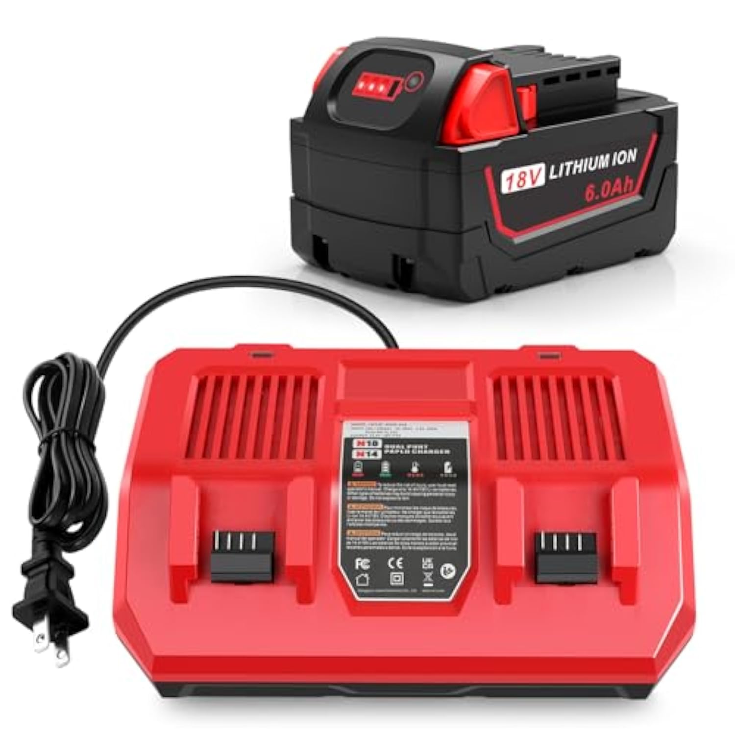 18V 6Ah Battery And Mwq 18V Dual Port Charger Set For Milwaukee Wk18 Tools 48-11-1850 48-11-1860 48-11-1820 48-11-1840 48-11-1830 48-11-1870 48-11-1880 Fast Charging