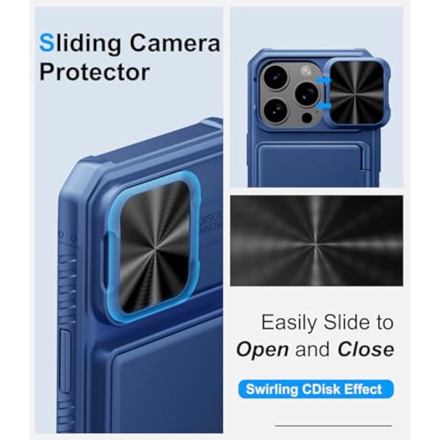iPhone 16 Pro Case with Card Holder, Slide Camera Cover, Military-Grade Protection, Blue