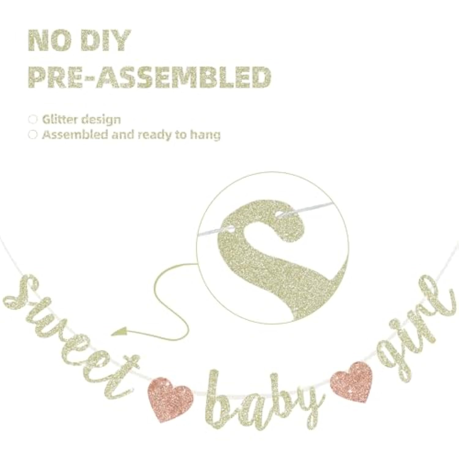 Pre-Strung Champagne Glitter "Sweet Girl Baby" Banner Shower/1st Birthday Decor