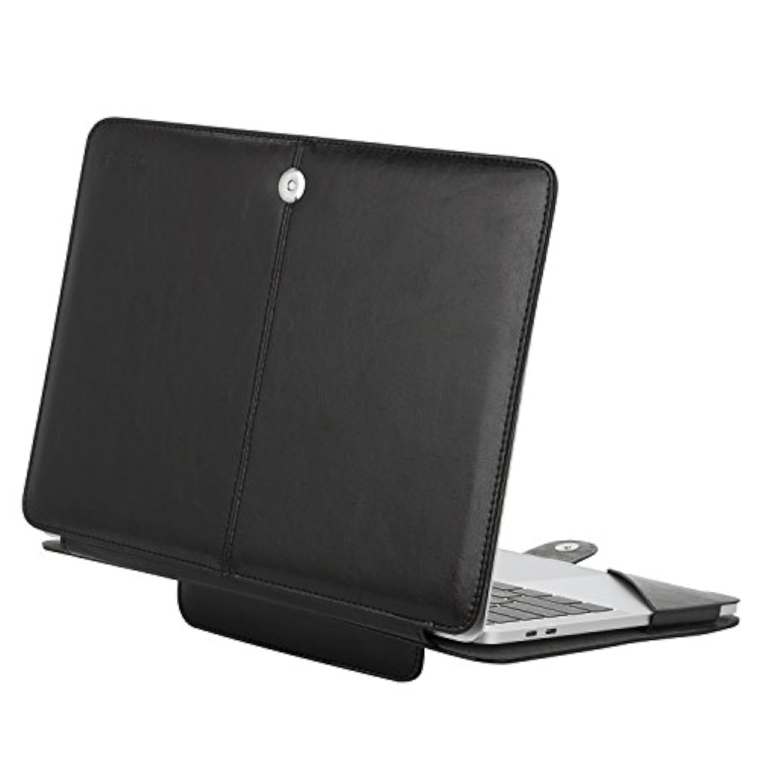 MOSISO Compatible with MacBook Air 15 inch M4 A3241 M3 A3114 M2 A2941 2025 2024 2023/ Pro 15 Case A1990 A1707 2019-2016, PU Leather Portfolio Protective Stand Cover Sleeve with Clear Strip, Black