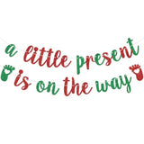 Red Glitter A Little Present Is On The Way Banner Christmas Baby Shower Decor