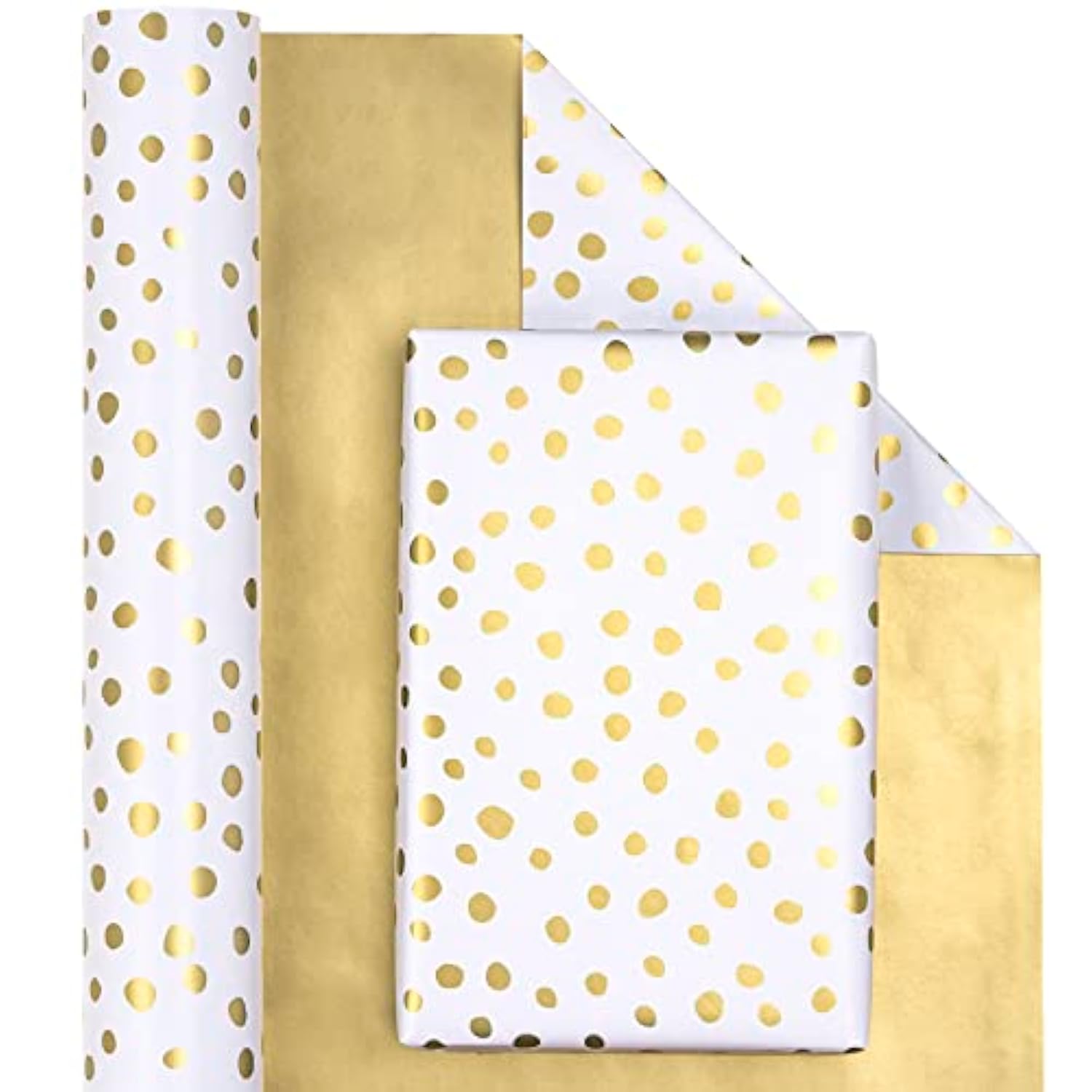 Reversible Gift Wrap 17"x33' – Gold Print & Polka Dots for Any Occasion