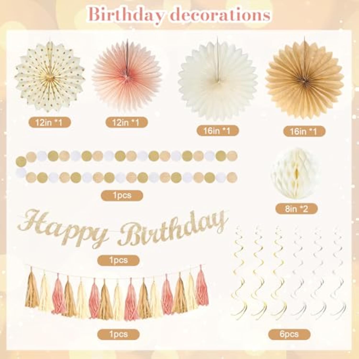 Boho Birthday Decorations, Happy Birthday Banner, Tassel Garland, Peach Paper Lanterns, Tissue Pom Poms Fan, With Beige Dusty Pink Balloon Garland For Women Grils Boho Birthday Decor Party Supplies