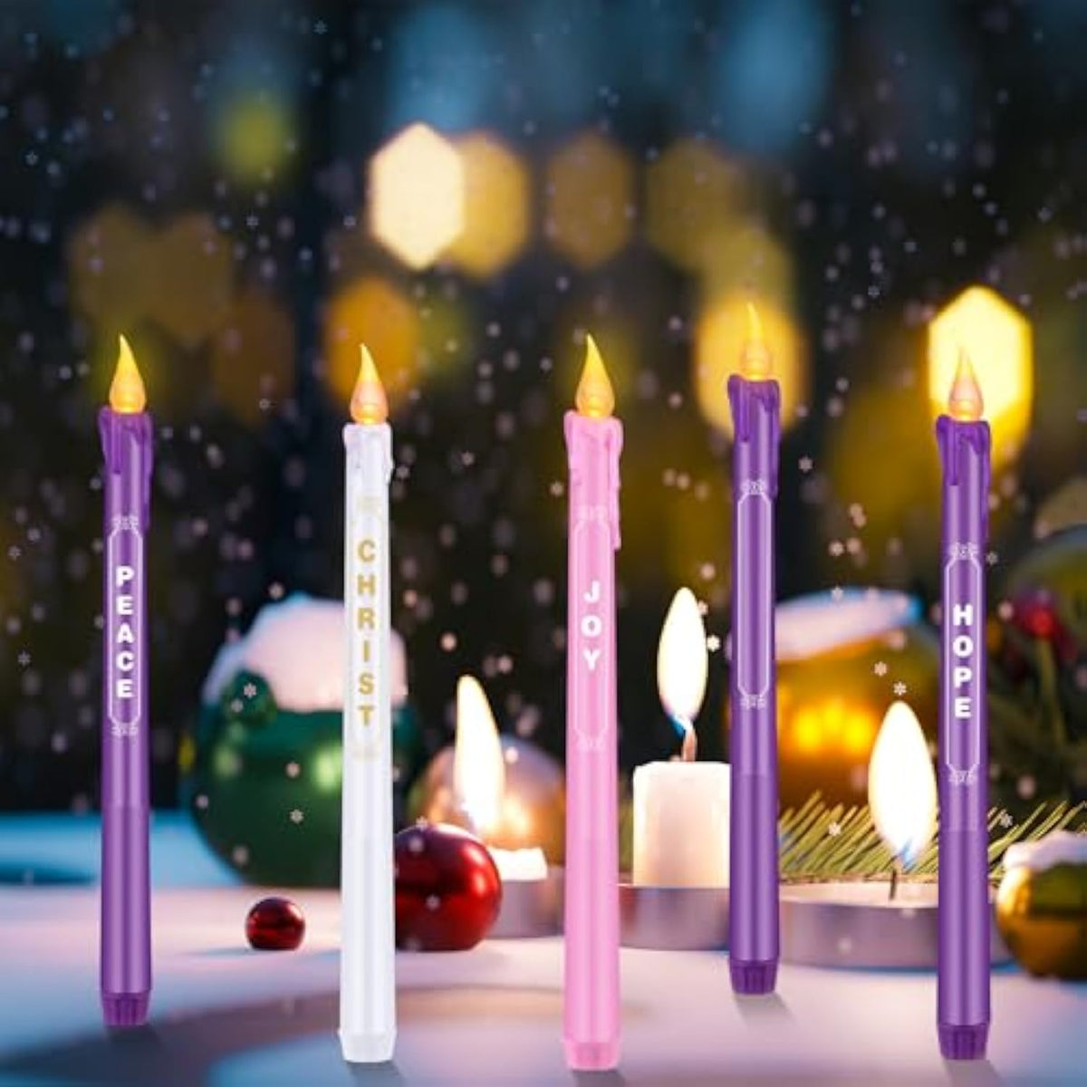5 Pieces Led Flameless Advent Candle Set Christmas Battery Operated Candles With Words Hope Peace Joy Tall Catholic Pink White Purple Taper Candles For Church Advent Wreath Rituals