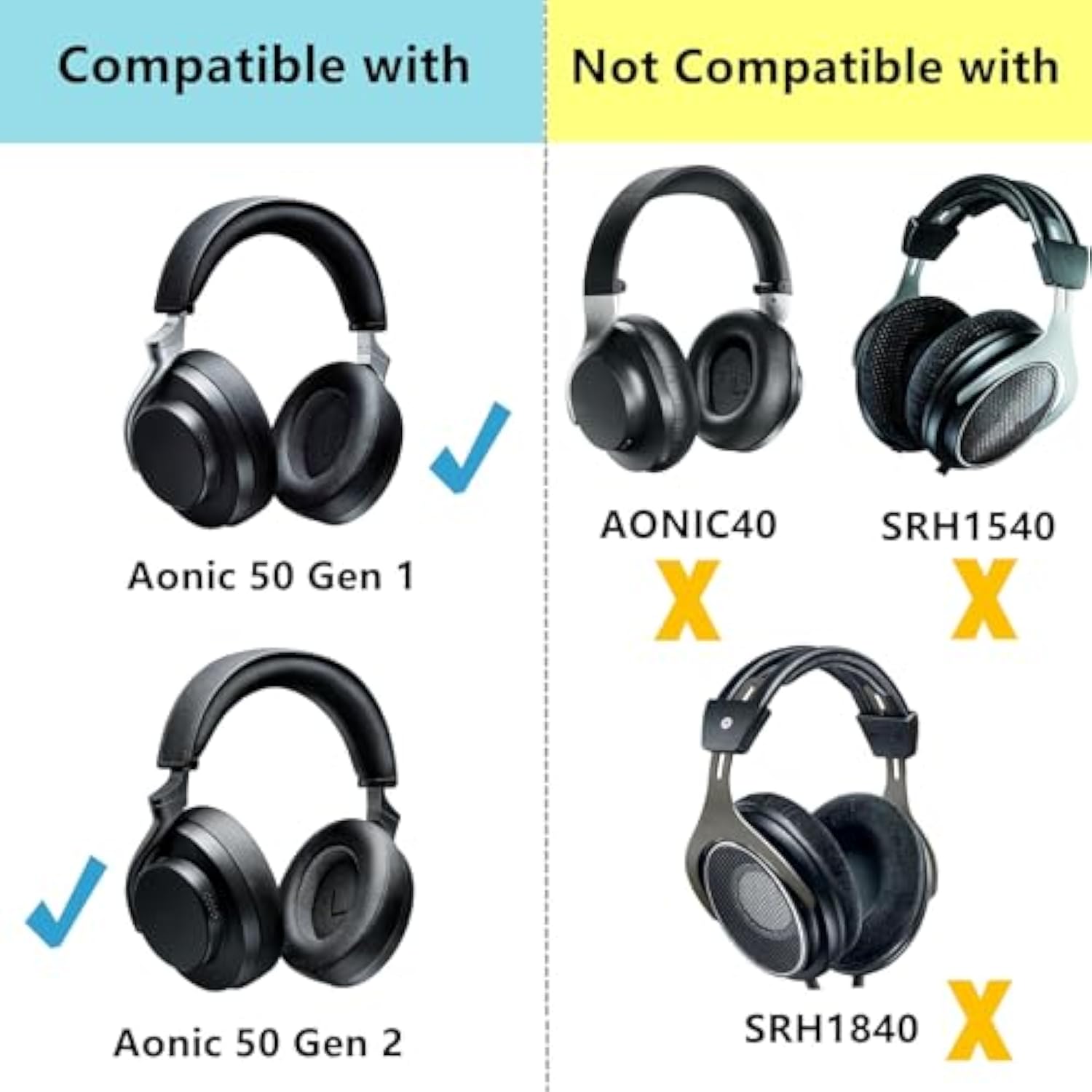 Aonic 50 Earpads Replacement Compatible With Shure Aonic 50 Gen 1/Gen 2 Wireless Headphones (Do Not Fit Aonic 40/Srh1540) Ear Pads Cushions Protein Leather Black