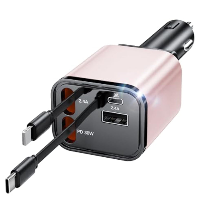 Retractable Car Charger, 4 In 1 Fast Car Phone Charger 69W, 2 Retractable Cables And 2 Usb Port, Compatible With Iphone 16/15/14/13/12/11,Galaxy,Pixel
