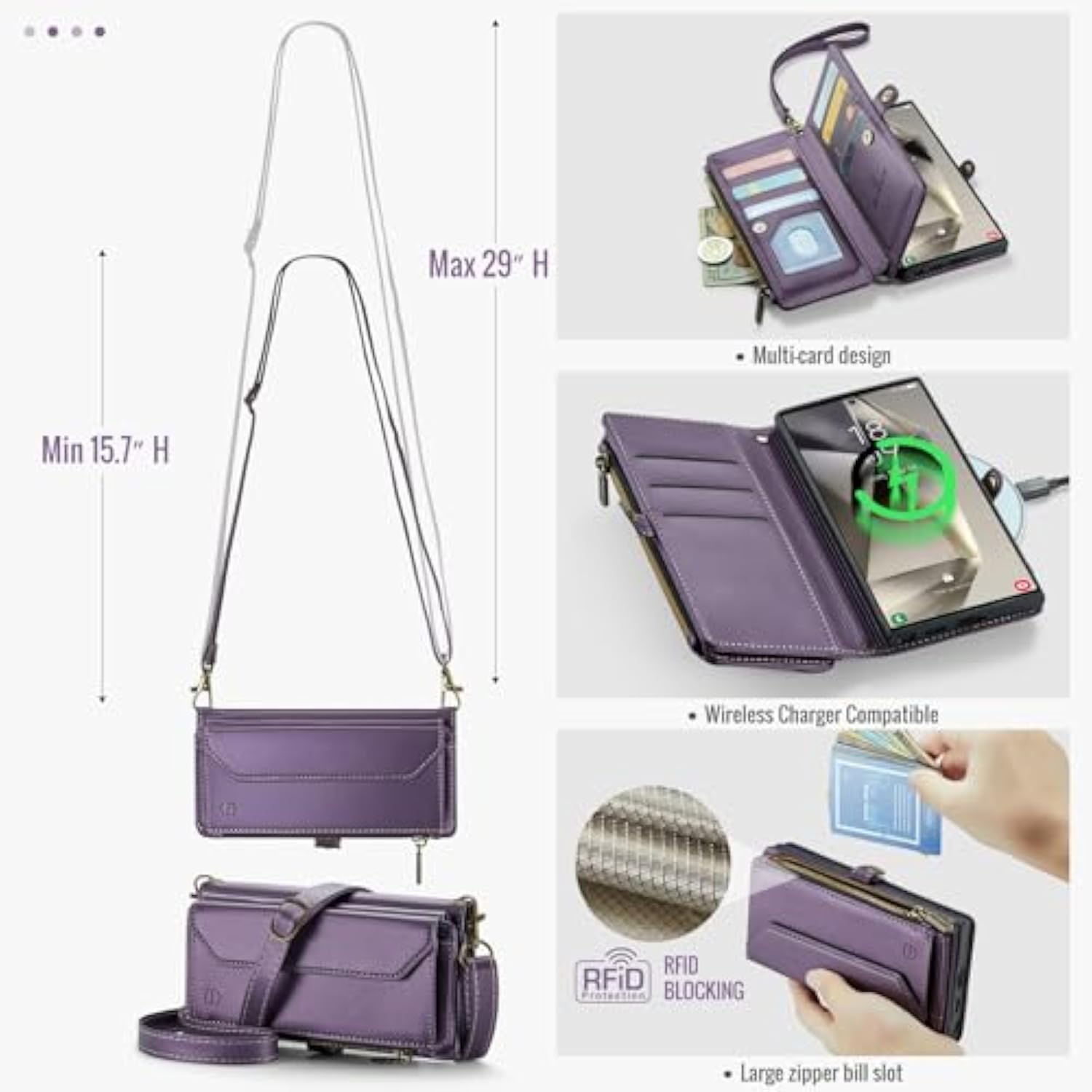 Wallet Case Compatible With Samsung Galaxy S24 Ultra 5G Rfid Blocking 10-Card Holder Soft Pu Leather Magnetic Snap Strap Zipper Pocket Phone Case Fit For Galaxy S24 Ultra - Purple