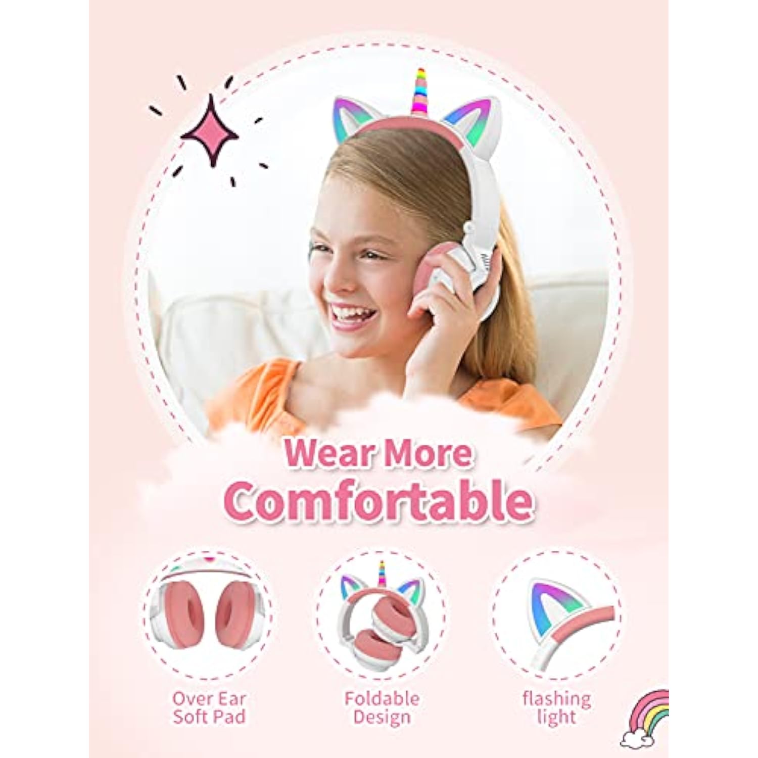 Unicorn Kids Headphones For Girls,Unicorn Bluetooth Headphones Foldable For Gi