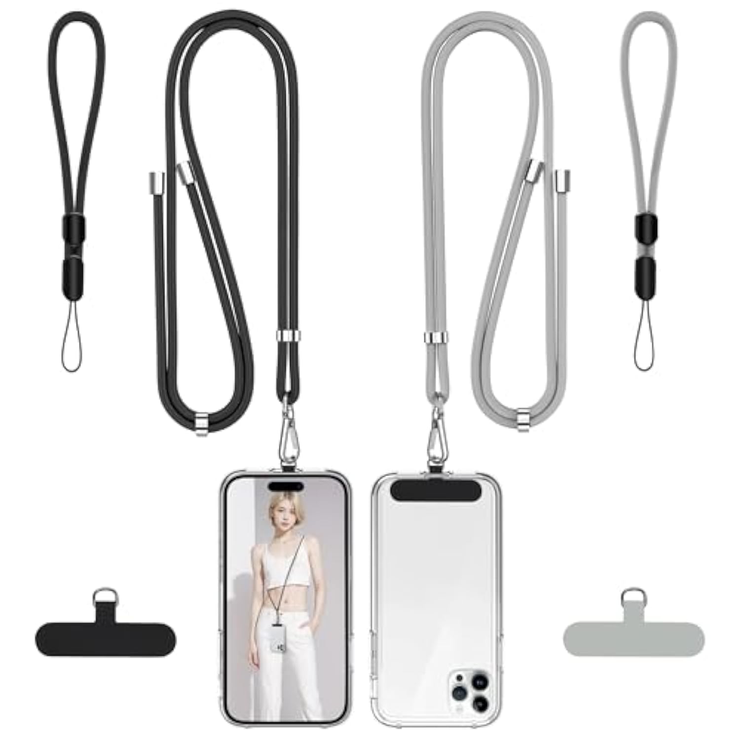 Phone Lanyard, 2 Pack Adjustable Cell Phone Lanyard Crossbody Neck Strap & 2 Pack Phone Wrist Strap With Tether Tabs Compatible For Iphone Android Smartphones-Black Grey
