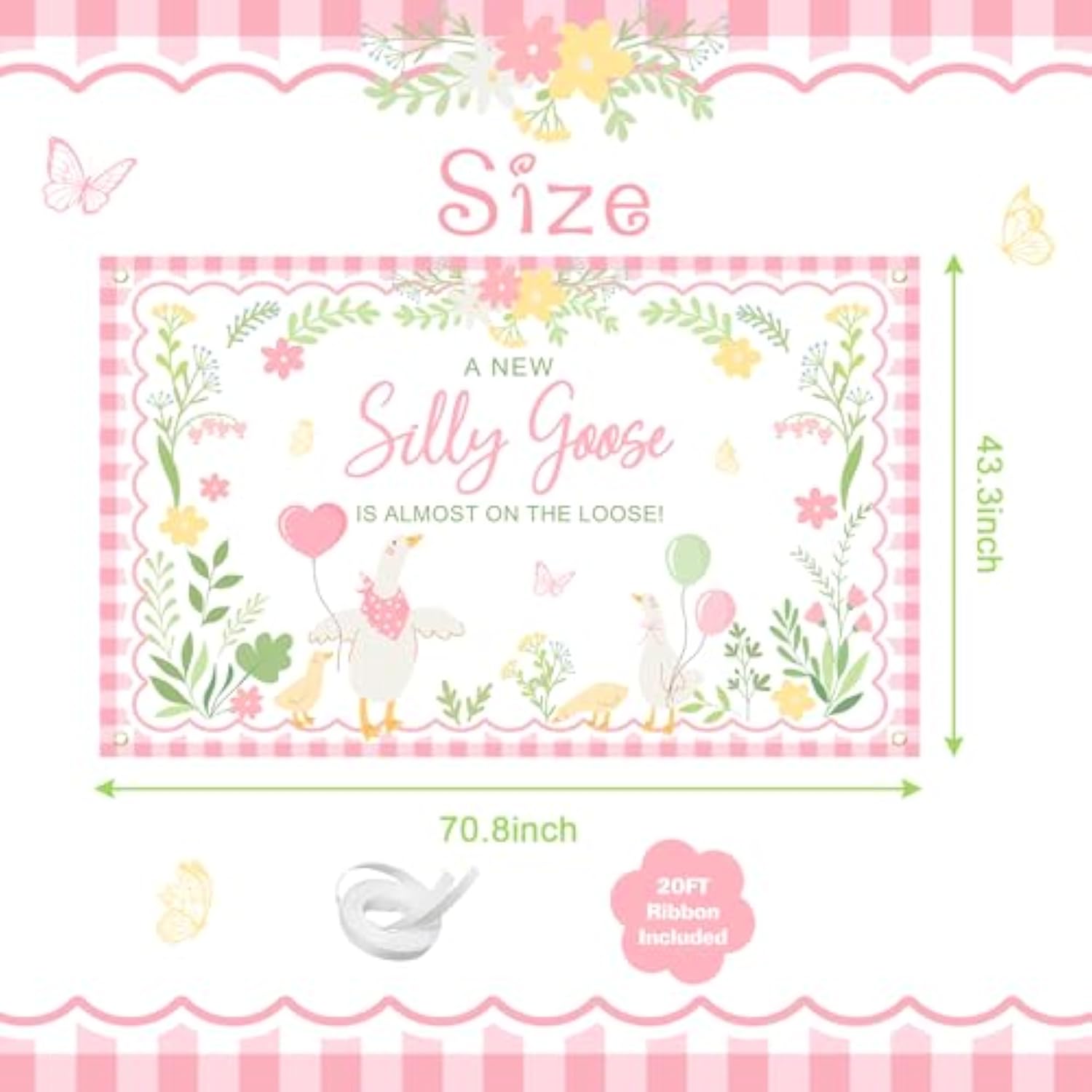 Goose Baby Shower Banner A New Silly Goose Is Almost On The Loose Backdrop Plaid Floral Silly Goose Baby Shower Decorations Little Duck Theme Gender Reveal Banner Party Supplies (Pink, 6X3.6Ft)