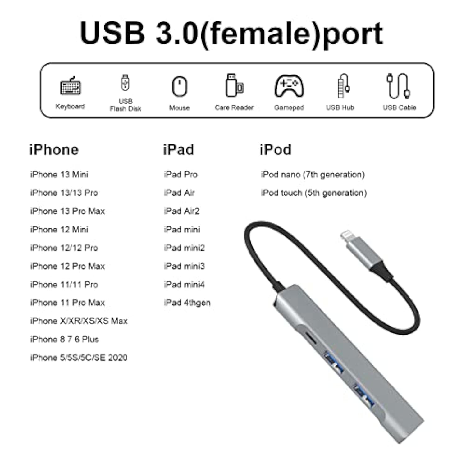 Lightning To Usb Hub [Apple Mfi Certified] 4-In-1 Otg Hub With 3 Usb 3.0 Ports And Fast Charging Port For Iphone/Ipad - Compatible With Microphones, Flash Drive, Keyboard, Mouse, Sound Card