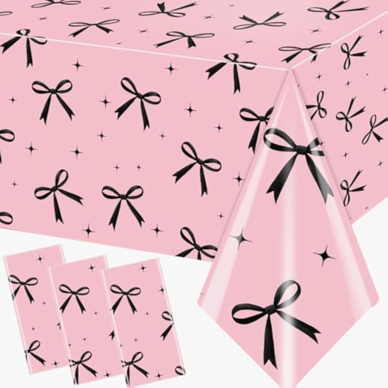 3Pcs Pink Bow Tablecloth,Black Bow Table Decor,Coquette Birthday Decorations Black,Disposable Waterproof Party Supplies For Girls Baby Shower,Bridal Shower,Bachelorette Party