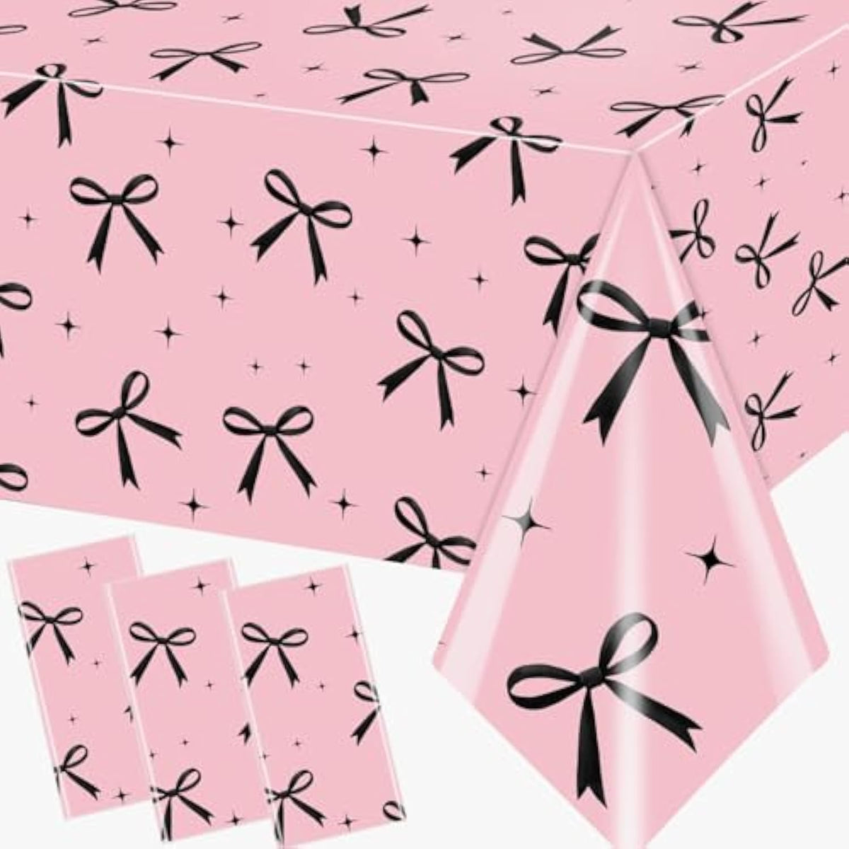 3Pcs Pink Bow Tablecloth,Black Bow Table Decor,Coquette Birthday Decorations Black,Disposable Waterproof Party Supplies For Girls Baby Shower,Bridal Shower,Bachelorette Party
