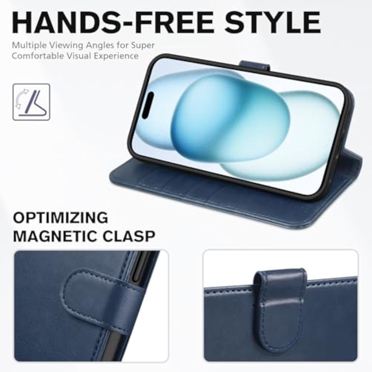 TUCCH Dark Blue RFID Blocking Folio Wallet Case for iPhone 15 (6.1") 2023