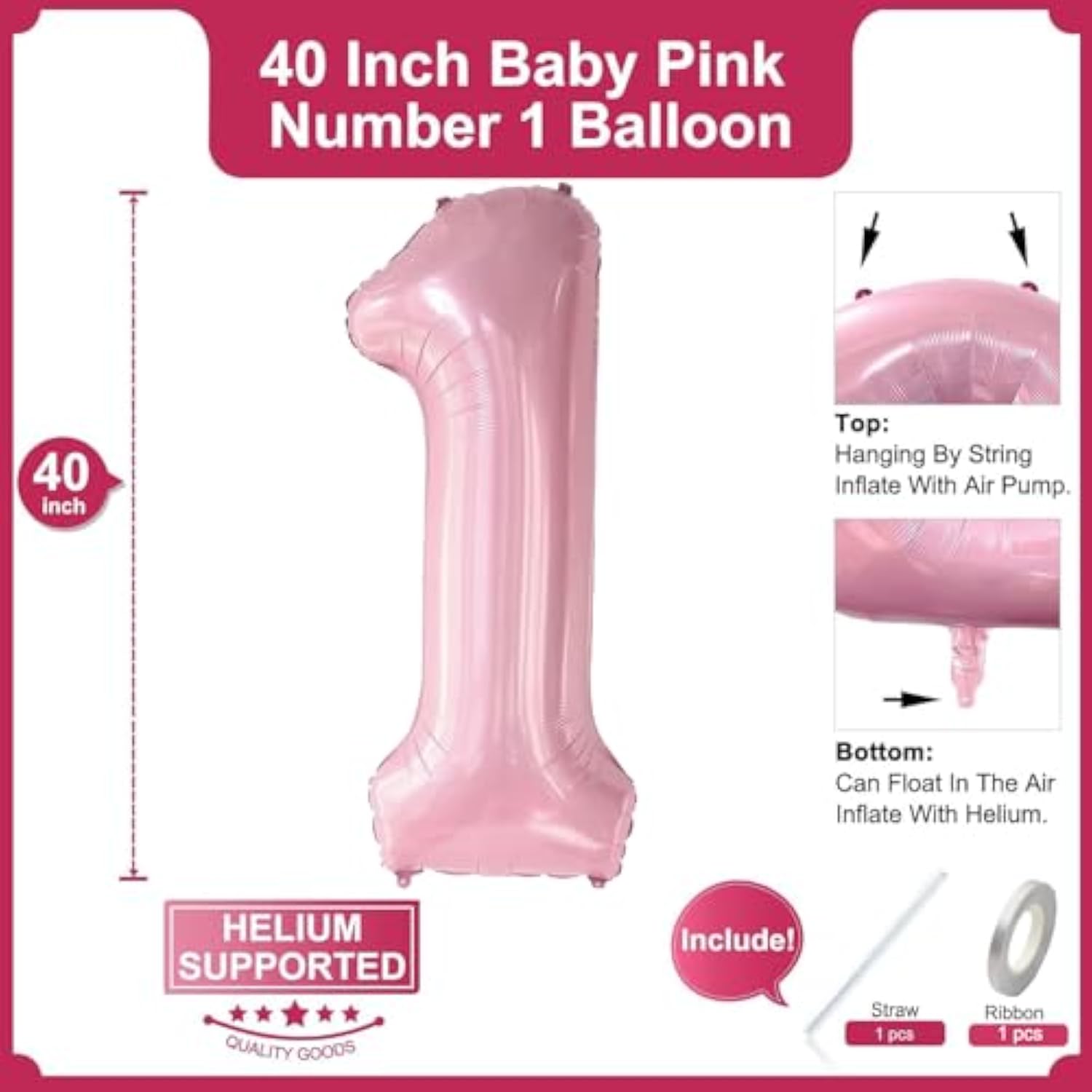 2 Pc Pastel Pink ONE Balloon Set 40" Number 1 & 26" Script Banner for 1st Birthday