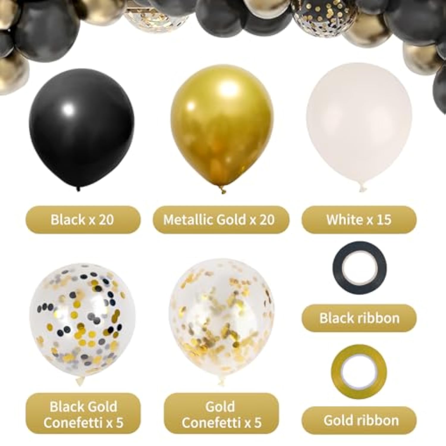 65Pcs 12 Inches Black Gold Confetti Balloons Kit, Metallic Gold And Black White Party Balloons With Ribbons For Birthday, Wedding, Baby Shower, Graduation, Happy New Year Decorations