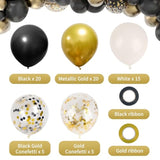 65Pcs 12 Inches Black Gold Confetti Balloons Kit, Metallic Gold And Black White Party Balloons With Ribbons For Birthday, Wedding, Baby Shower, Graduation, Happy New Year Decorations